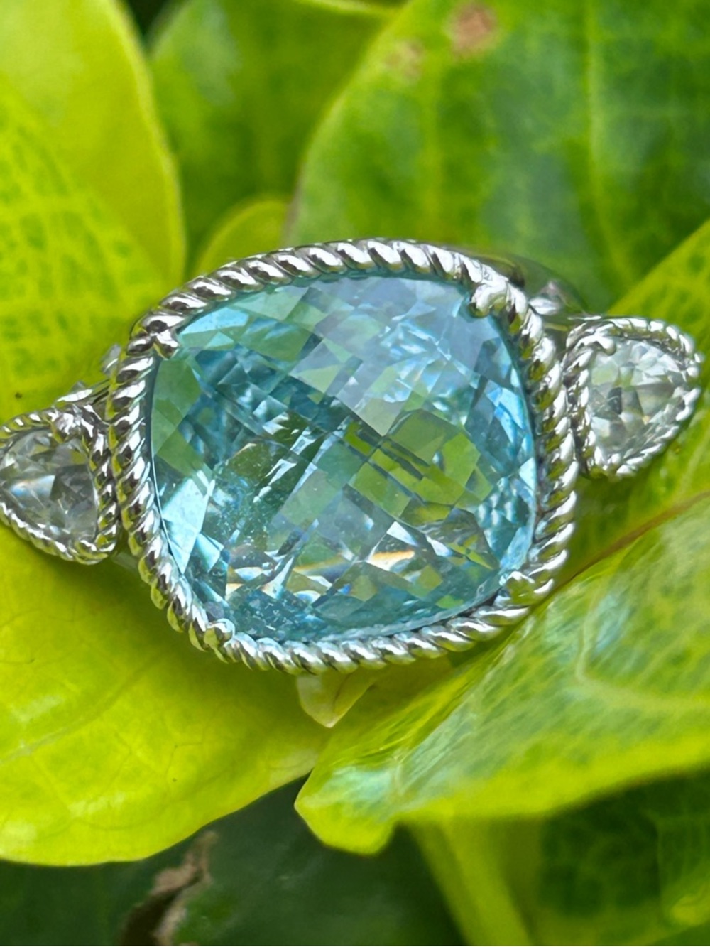 Judith ripka style Sterling Silver large Blue Topaz Cushion & Cz cocktail Ring 6